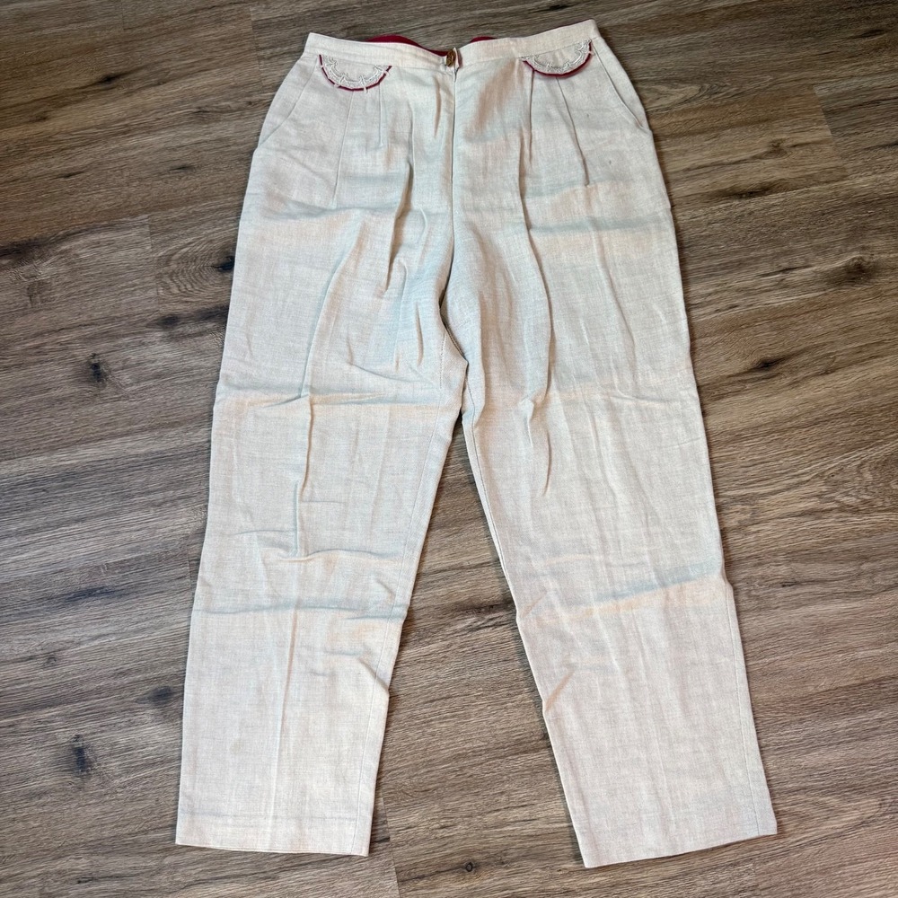 Vintage Dorothy Schoelen Platinum Pant 90s Linen Blend Prairie | Cream Red | 16